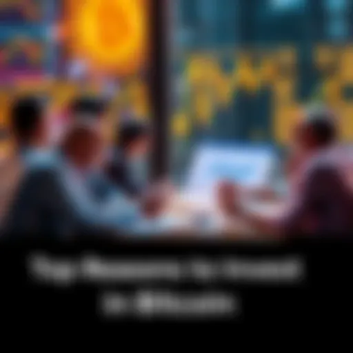 People discussing Bitcoin investment opportunities with charts and graphs on a table