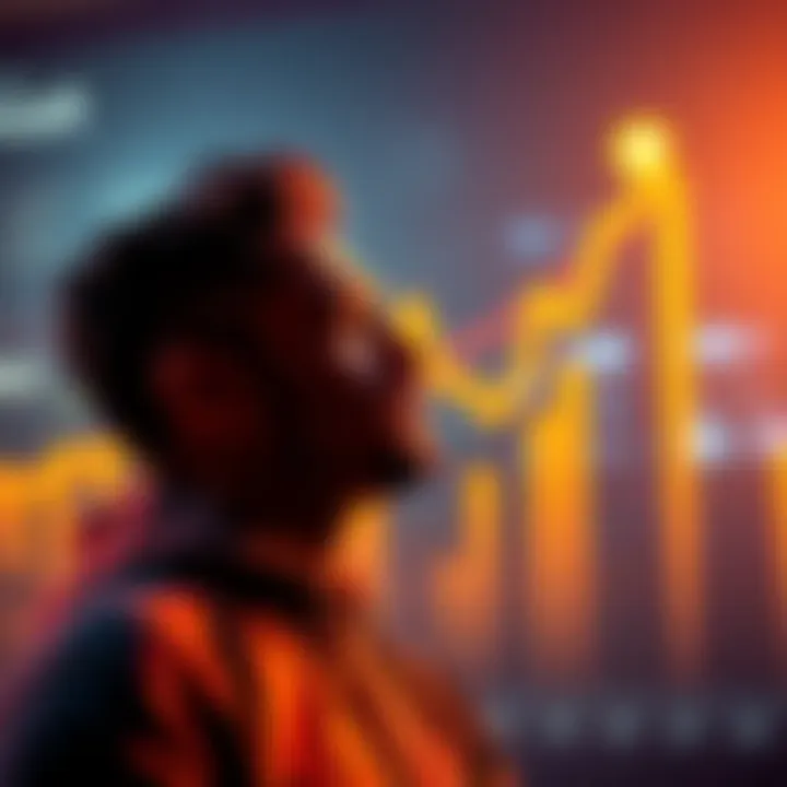 Bitcoin Investment A person contemplating the potential rewards of investing in Bitcoin, with a graph showing upward trends in the background.