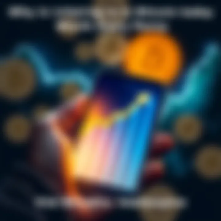 A person holding a smartphone showing a Bitcoin chart with arrows indicating growth and coins in the background