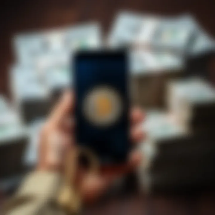 A person holding a smartphone displaying a Bitcoin logo with stacks of cash in the background, suggesting financial investment.