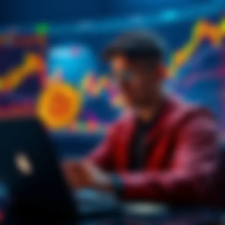 A person contemplating investing in Bitcoin with a laptop and financial charts in the background.