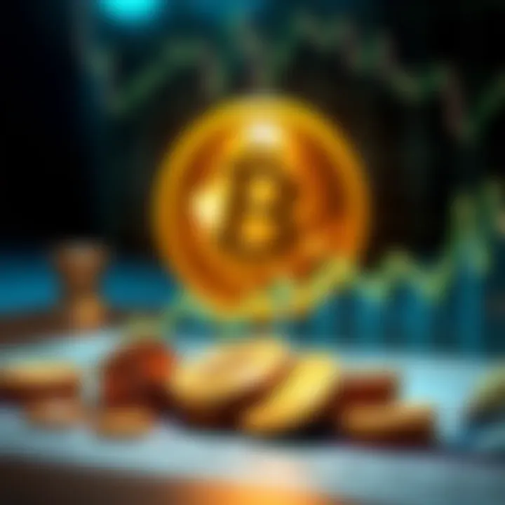 A graphic showing a Bitcoin symbol with rising charts and coins on a desk, indicating investment potential.