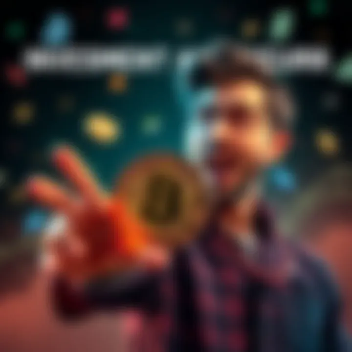 Bitcoin Investment Adventure A person excited about investing in Bitcoin, holding a symbol of Bitcoin in hand with a hopeful expression, surrounded by digital currency graphics.