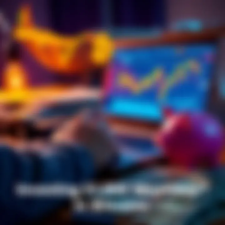 A person analyzing Bitcoin charts on a laptop, with dollar bills and a piggy bank nearby, symbolizing monthly investment.