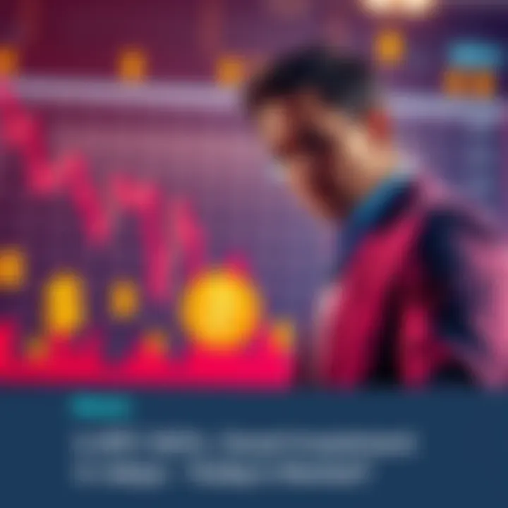 A graphic showing a declining Bitcoin price chart with dollar signs and a worried investor looking at it.