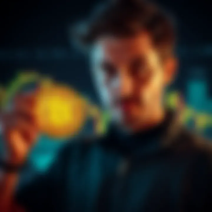 A person looking at a chart showing Bitcoin's decline, yet holding onto a Bitcoin symbol with a determined expression.