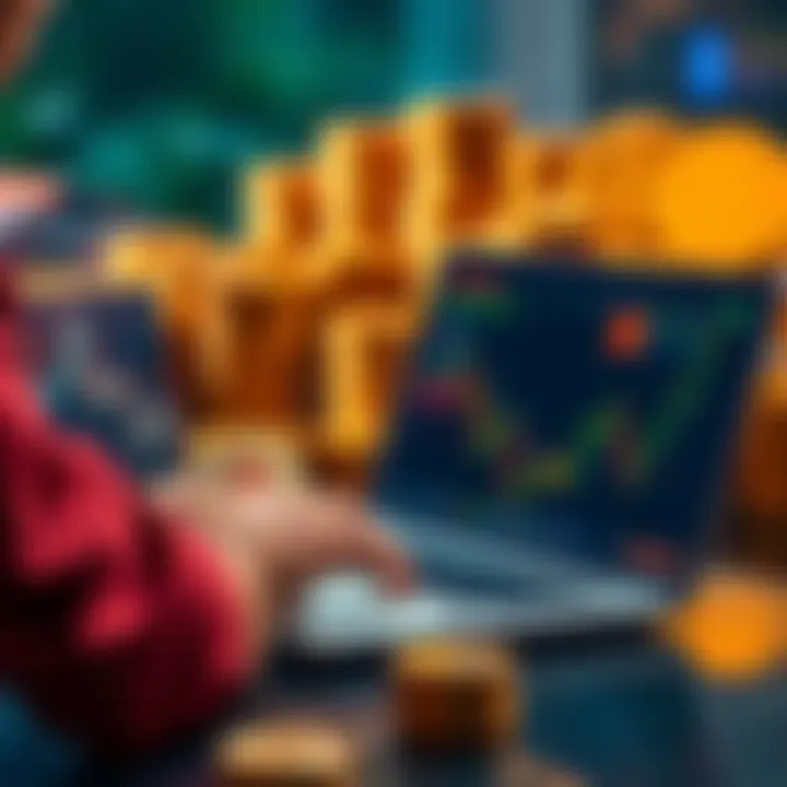 A person analyzing Bitcoin charts on a laptop with coins in the background.