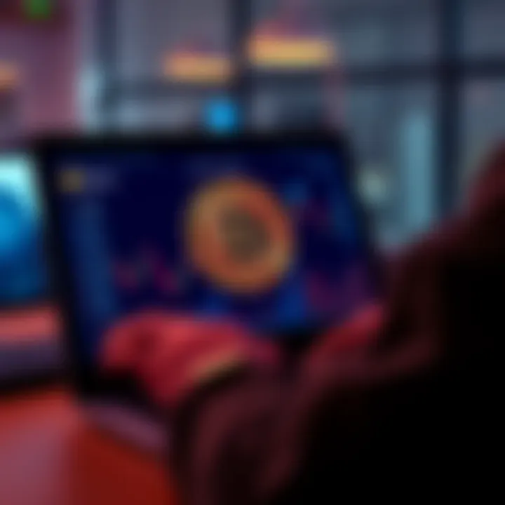 A person looking at a Bitcoin graphic on a laptop screen while considering investment options in cryptocurrency.