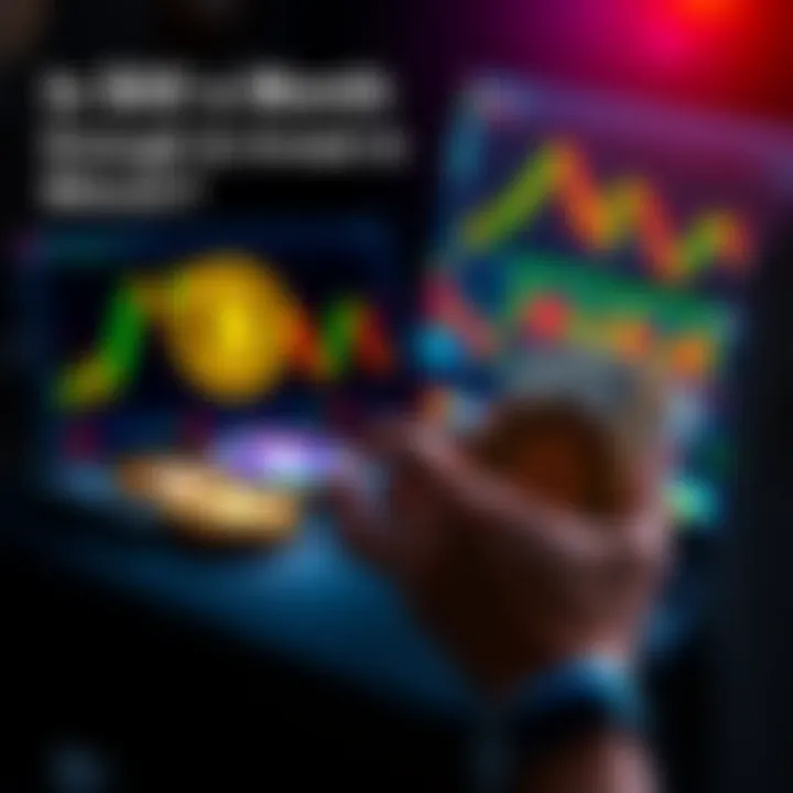 A person analyzing Bitcoin charts on a laptop while holding a stack of cash representing monthly investments