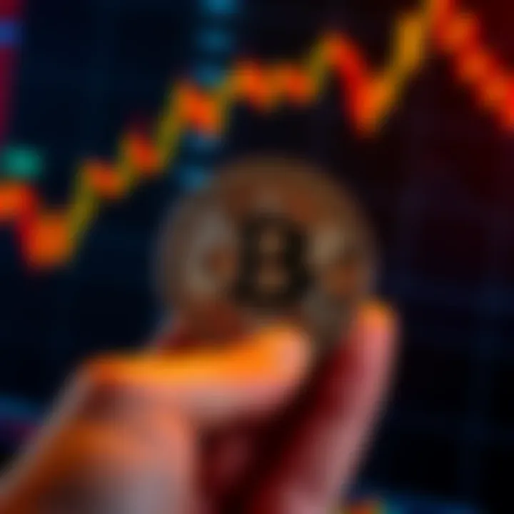 Bitcoin Investment Concept A person holding a Bitcoin coin with a background of fluctuating charts, representing investment choices in cryptocurrency.