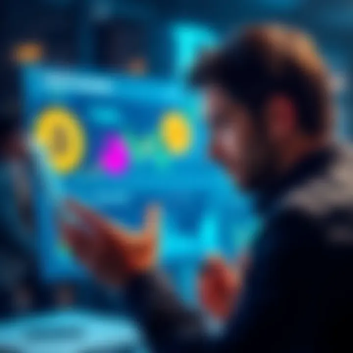 A visual representation of Bitcoin investment with a focus on growth and stability, featuring a person examining a digital page with Bitcoin symbols and graphs.