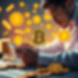 A person calculating finances with Bitcoin symbols and coins around them, representing long-term investment strategy.