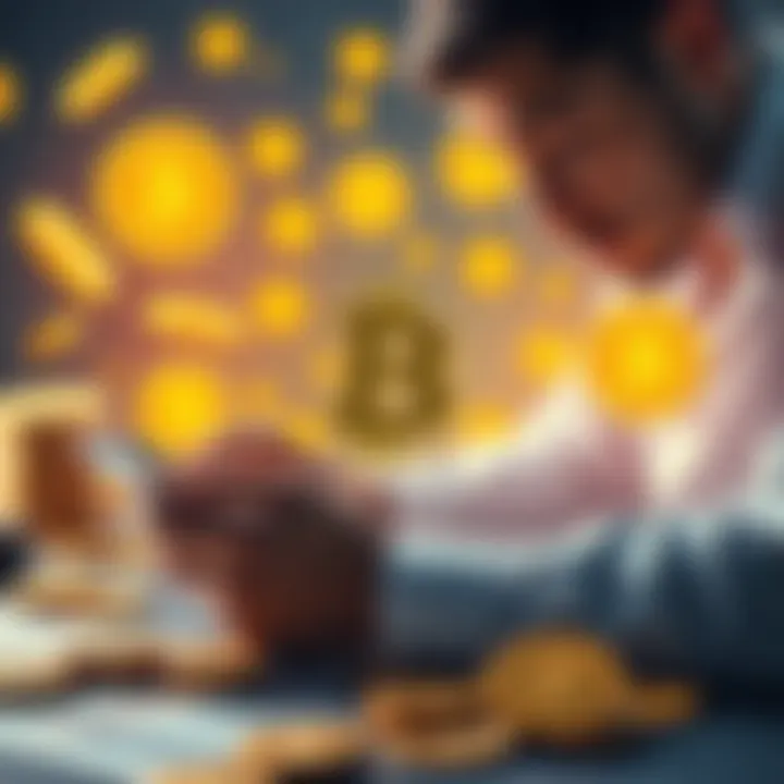 A person calculating finances with Bitcoin symbols and coins around them, representing long-term investment strategy.
