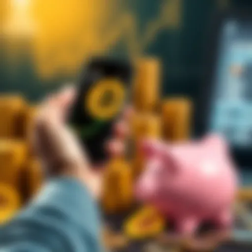 A person holding a smartphone showing Bitcoin prices with stacks of coins in the background, comparing it to a piggy bank symbolizing savings.