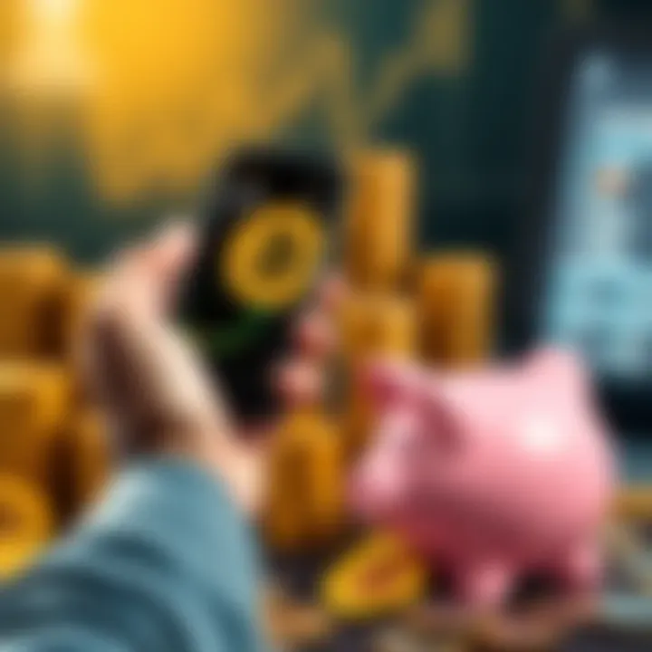 A person holding a smartphone showing Bitcoin prices with stacks of coins in the background, comparing it to a piggy bank symbolizing savings.