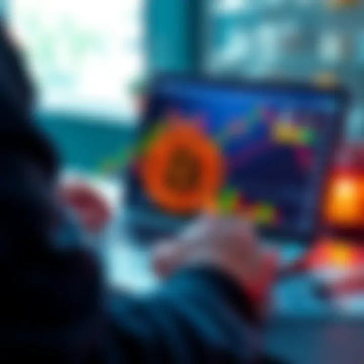 A person analyzing Bitcoin graphs on a laptop with currency notes nearby, symbolizing investment decisions.