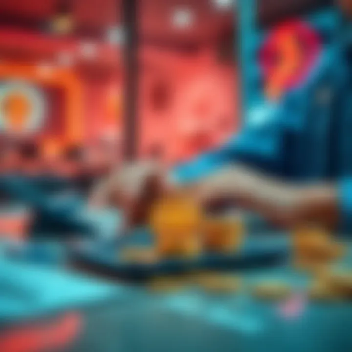 A person thinking about investing in Bitcoin with a calculator and coins on a table.