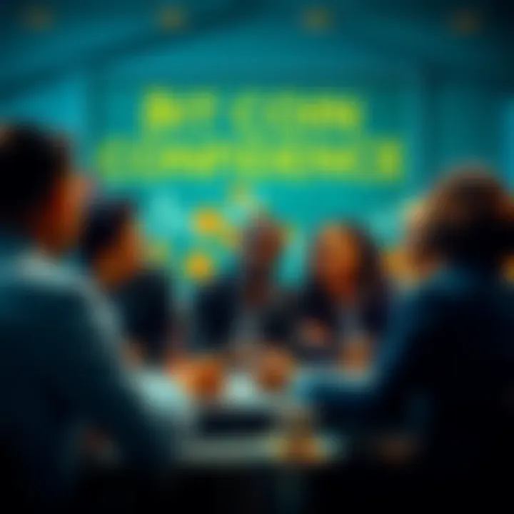 A group of diverse people discussing Bitcoin investments and market trends in a lively setting.