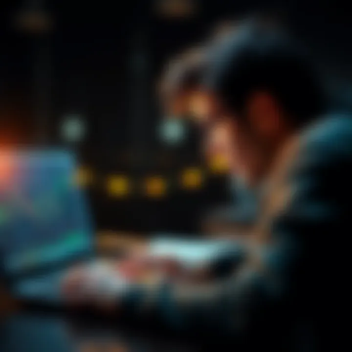 A worried individual looks at a Bitcoin chart on their laptop, considering the risks of buying at a peak