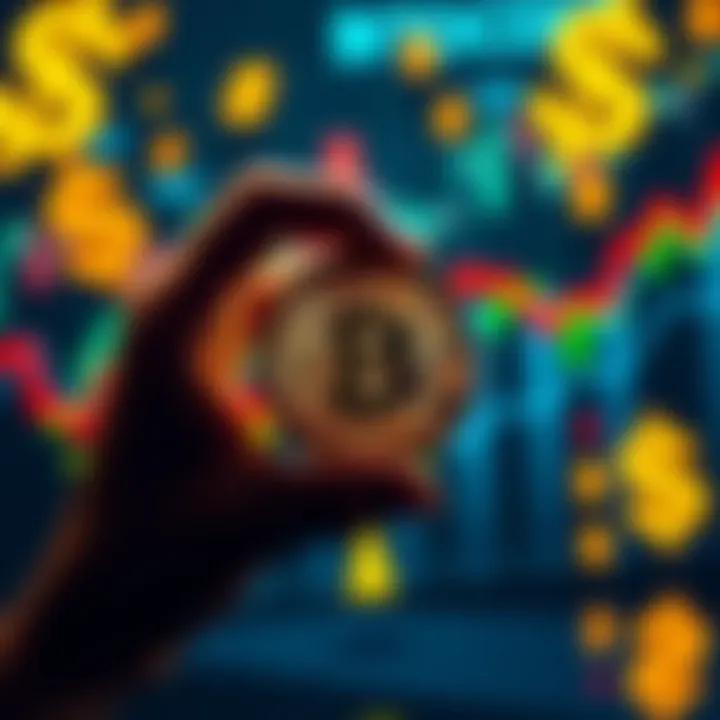 A person holding a Bitcoin symbol, with dollar signs and graphs in the background, representing investment discussions around cryptocurrency.