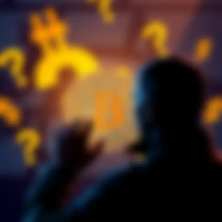 A person pondering over a Bitcoin graphic, with question marks and dollar signs in the background, symbolizing the investment debate.