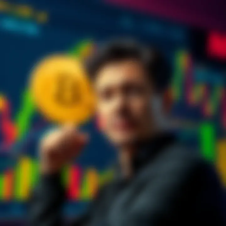 A person contemplating whether to buy Bitcoin now or wait for a price drop, with Bitcoin charts and graphs in the background.