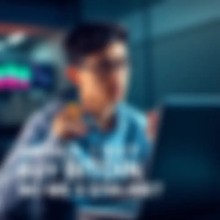 A young investor contemplating a Bitcoin purchase, holding a smartphone showing market prices, with a thoughtful expression in front of a laptop.