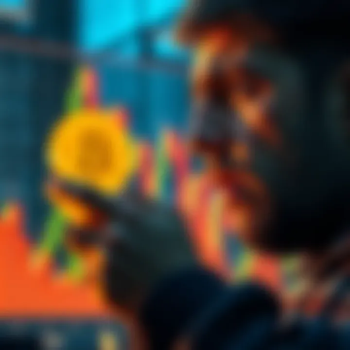 Bitcoin Investment Decision A person looking worried while checking Bitcoin prices on a smartphone with a graph showing decline in the background.