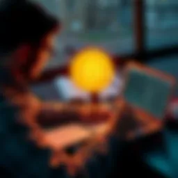 A person contemplating whether to invest in Bitcoin now or wait for a better price. They have a laptop and a notepad with investment plans spread out.