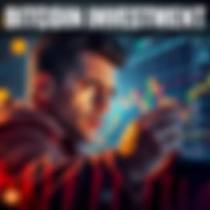 A first-time buyer considering Bitcoin investment, looking at a chart with rising prices and a worried expression.