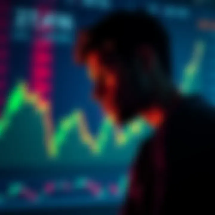 A person contemplating investment strategies while looking at a Bitcoin graph showing a decline, symbolizing the choice between waiting and dollar-cost averaging.