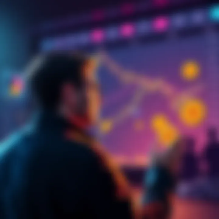 A person looking at a chart with Bitcoin symbols while contemplating a large investment, surrounded by community discussions on a user board.