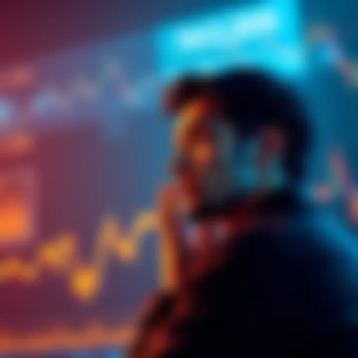 A person looking at a graph showing Bitcoin price trends with a thoughtful expression, symbolizing investment choices and future regrets.