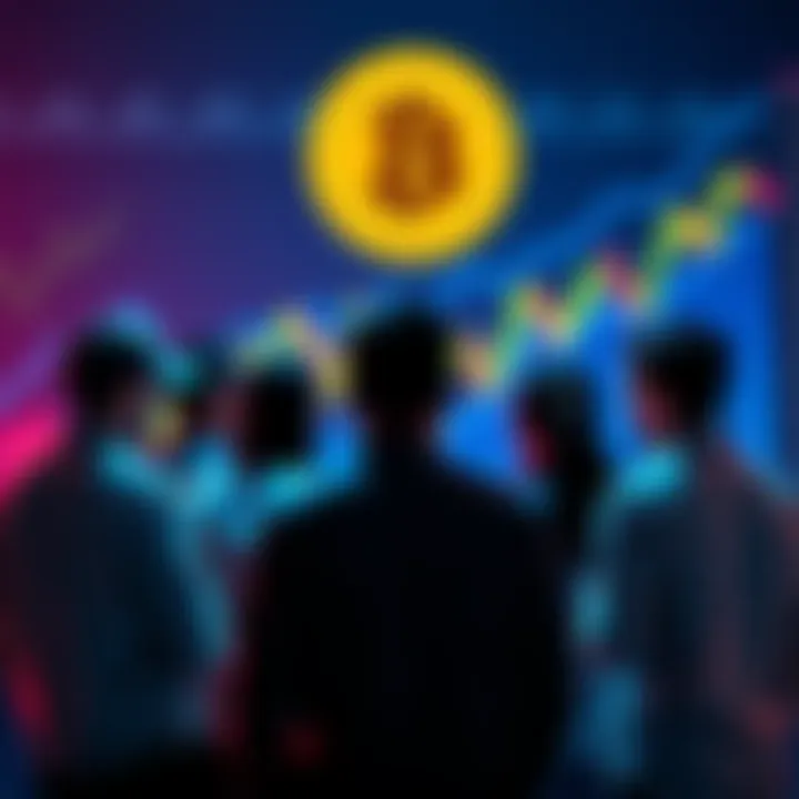 Group of people discussing Bitcoin investment strategies with charts and graphs in the background