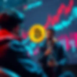 A person giving investment advice to their brother about Bitcoin, with a chart showing rising cryptocurrency prices in the background.