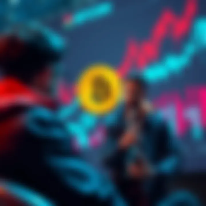 A person giving investment advice to their brother about Bitcoin, with a chart showing rising cryptocurrency prices in the background.