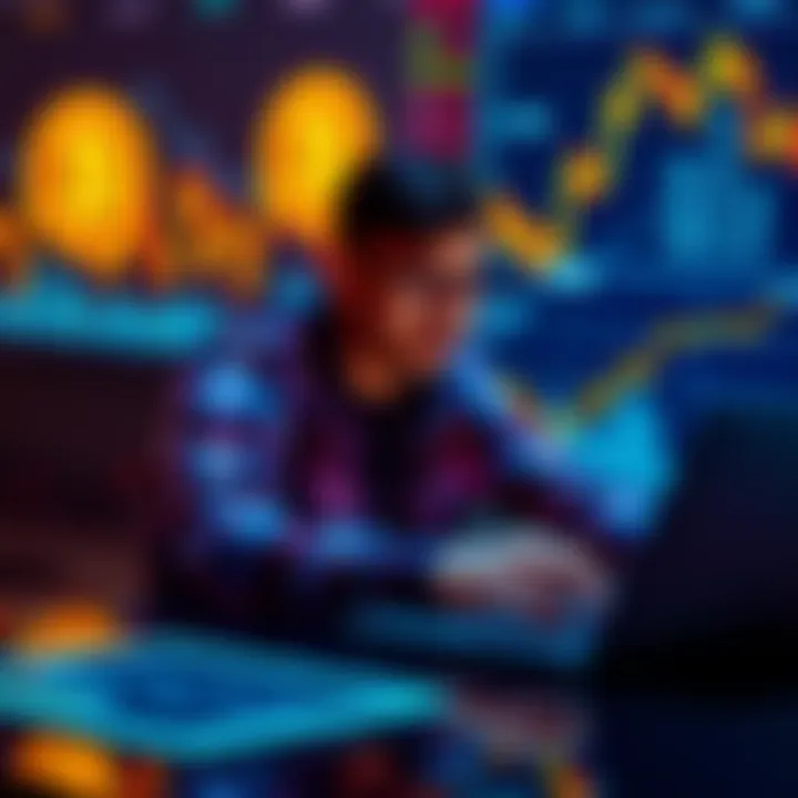 A person analyzing Bitcoin trends on a laptop, surrounded by financial charts and graphs, symbolizing investment strategy.