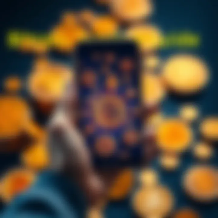 A person holding a smartphone displaying Bitcoin symbols, with coins in the background
