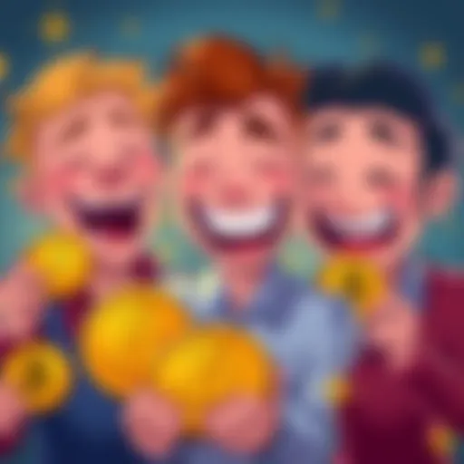 Cartoon characters laughing while holding Bitcoin symbols, highlighting humorous views on cryptocurrency investment, with a mix of concern and laughter in their expressions.