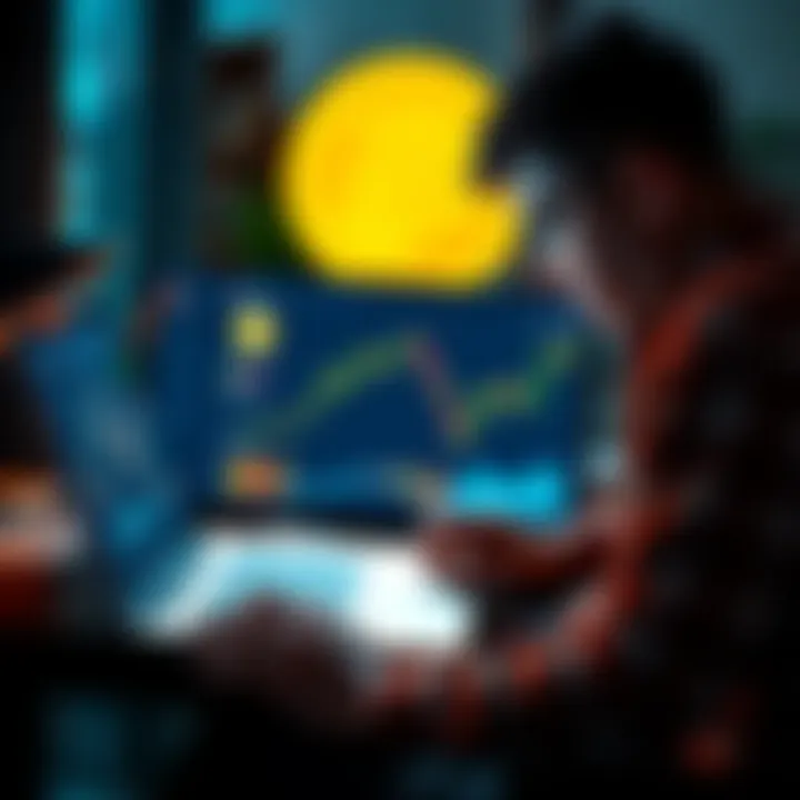 A person reflecting on their Bitcoin investments with a laptop and charts showing Bitcoin trends.