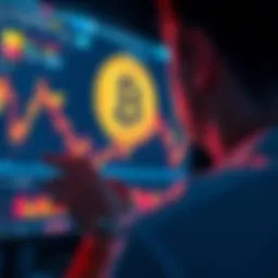 A person looking at a Bitcoin chart on a screen, showing fluctuating prices over time, depicting the stress of holding during market ups and downs