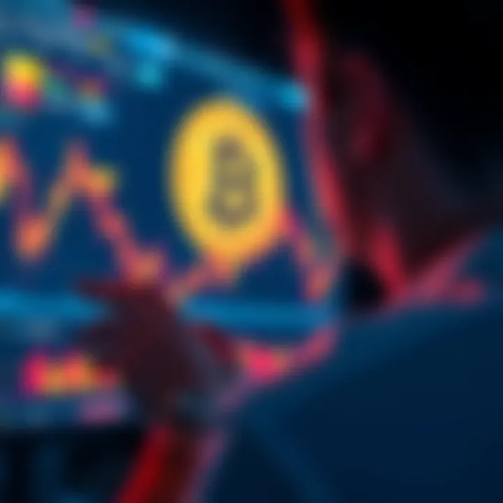 A person looking at a Bitcoin chart on a screen, showing fluctuating prices over time, depicting the stress of holding during market ups and downs