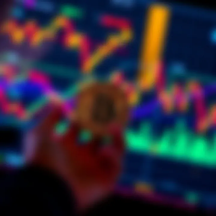 A person holding a Bitcoin symbol while observing fluctuating price graphs on a digital screen, representing the ups and downs of cryptocurrency investments.