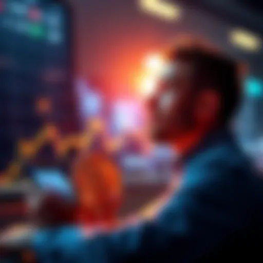 Bitcoin Investment Journey A hopeful investor looking at a graph showing Bitcoin price trends with a digital wallet displaying 0.4 BTC.