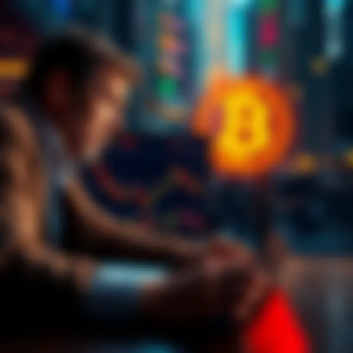 Investing in Bitcoin during market lows A person analyzing Bitcoin charts on a laptop while looking concerned, symbolizing strategic investment during tough times.