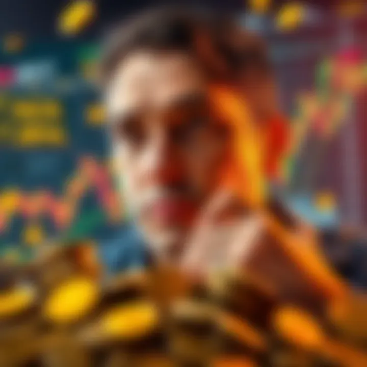 A person looking at a Bitcoin chart with a thoughtful expression, surrounded by coins
