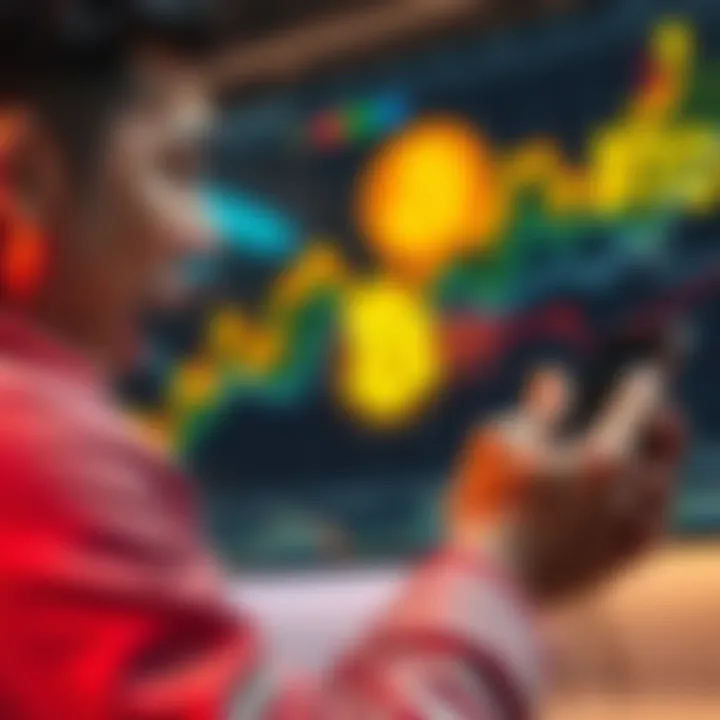 A person looking excited while checking Bitcoin prices on a mobile device, with graphs showing upward trends in the background