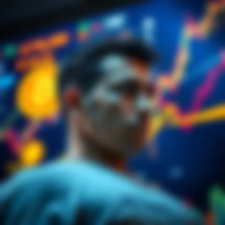 A person contemplating investment options with Bitcoin graphics in the background, reflecting on market risks and potential gains.