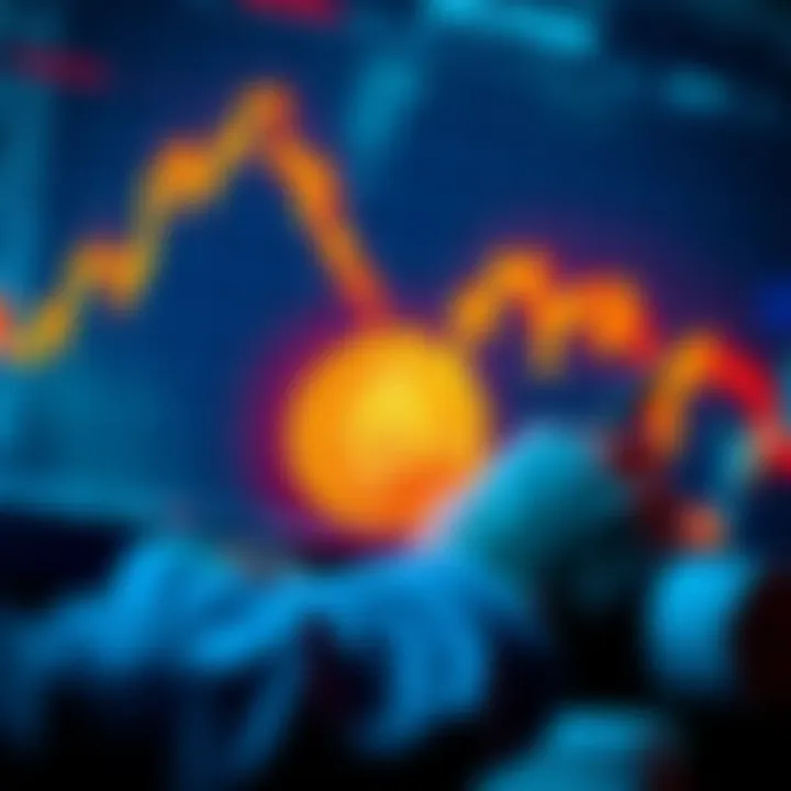 A person analyzing Bitcoin charts with a focus on a downward trend and dollar signs representing potential profit.
