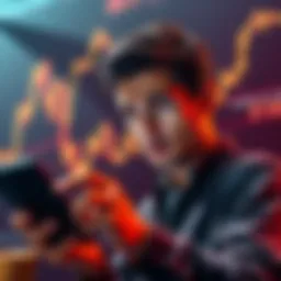 A person looking worried while checking Bitcoin prices on a smartphone, with a graph showing a rising trend in the background.